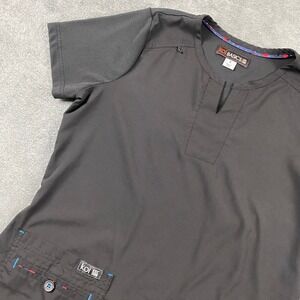 Koi Basics Women Small Scrub Top Black Ribbed Panels V-Neck Pockets